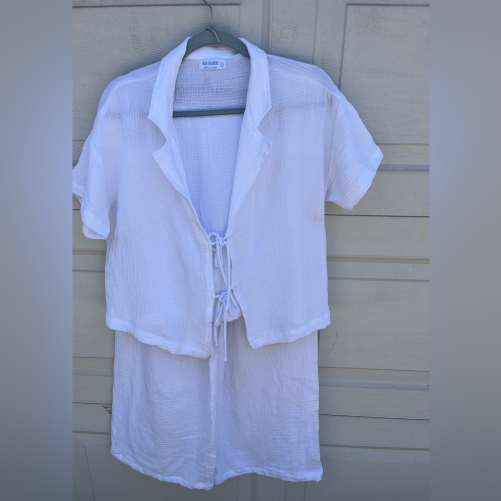 4Hours Crinkle Gauze Pants, Top 2-Pc Set White Beach Vacation L